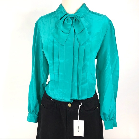 Vintage 80s Teal Front Neck Tie Button Down Blouse - Picture 11 of 11